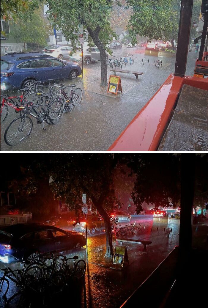 Day and night views of a rainy urban street with parked bicycles and cars, captured as moderately interesting moments.