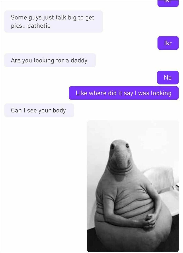 Text message exchange showing a brutal comeback to a creepy man, paired with a humorous image, illustrating women served comebacks.