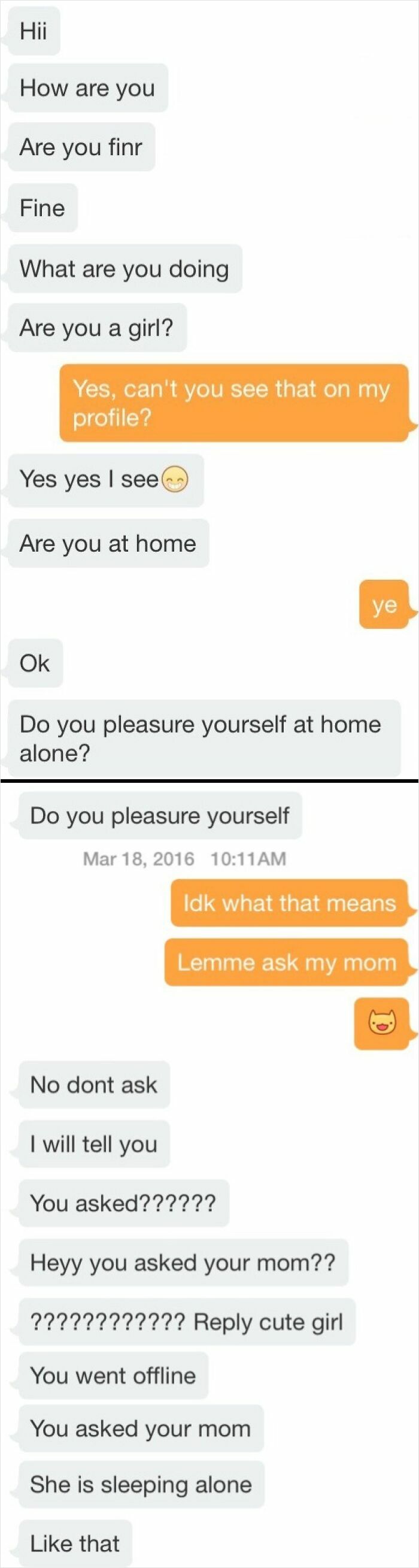 Chat conversation showing a woman expertly handling creepy questions with brutal comebacks to creepy men online.