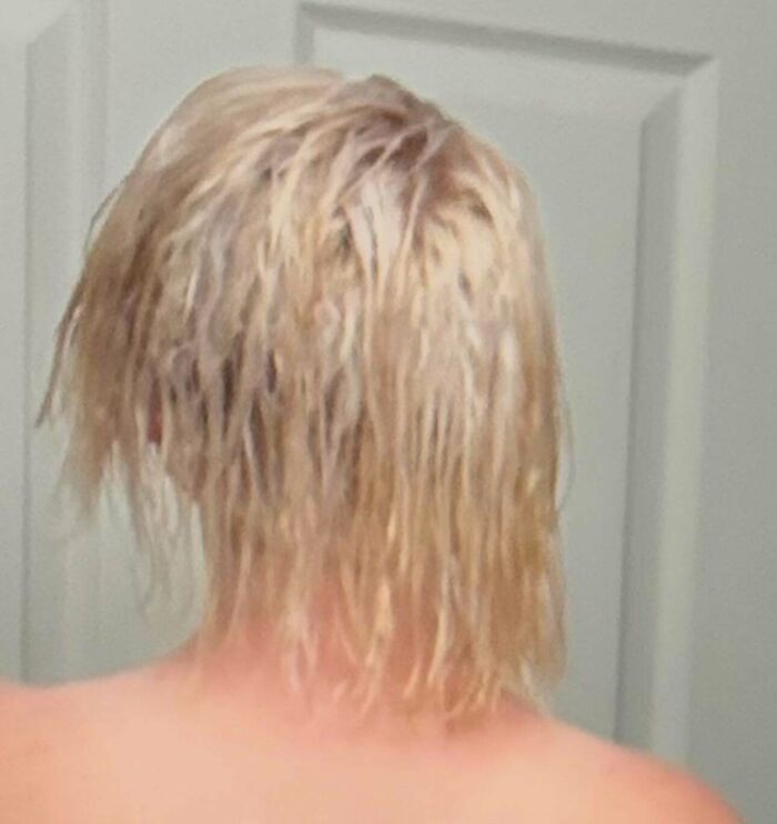 Person with wet, unevenly cut hair facing away, showing a hilariously tragic hair accident from a back view.