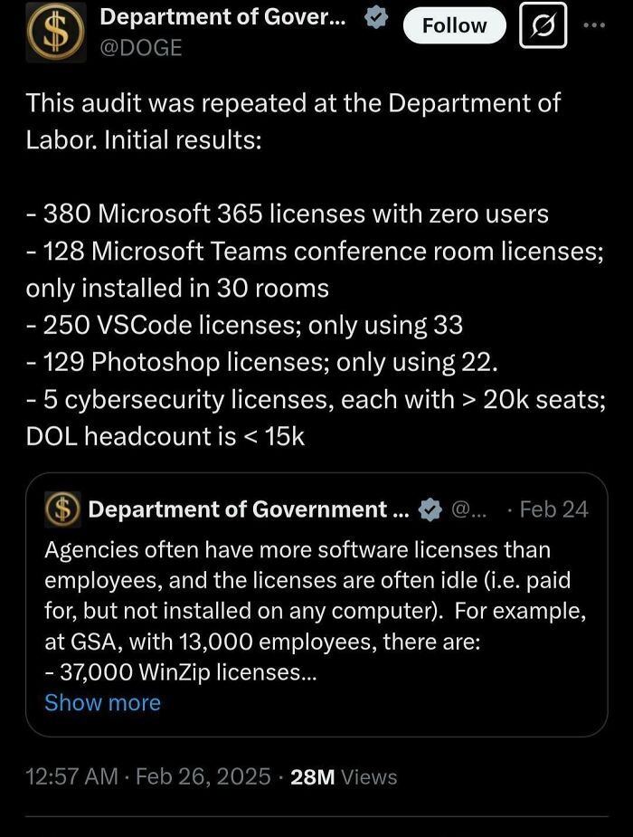 Audit results showing numerous unused software licenses in a government department with programming and computer science references.
