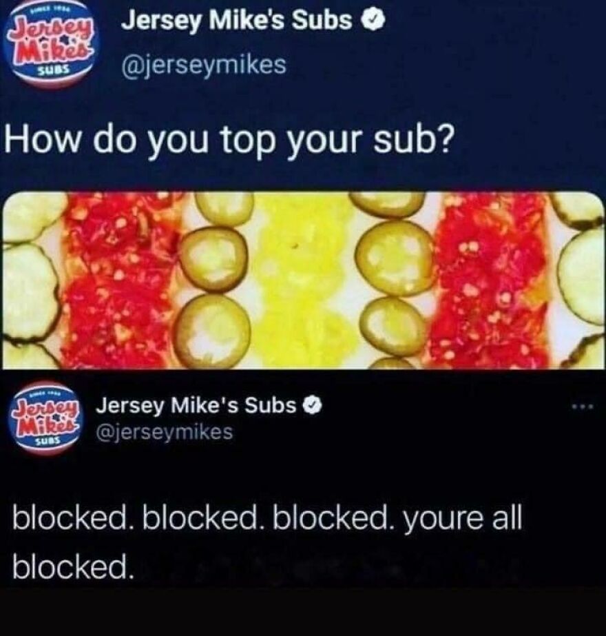 Jersey Mike's Subs Twitter exchange showing a pun on sub toppings with pickles and blocked replies in humor post.