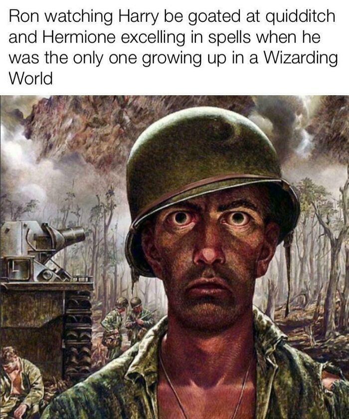 Soldier with intense expression alongside text about Ron watching Harry and Hermione in a Harry Potter meme.