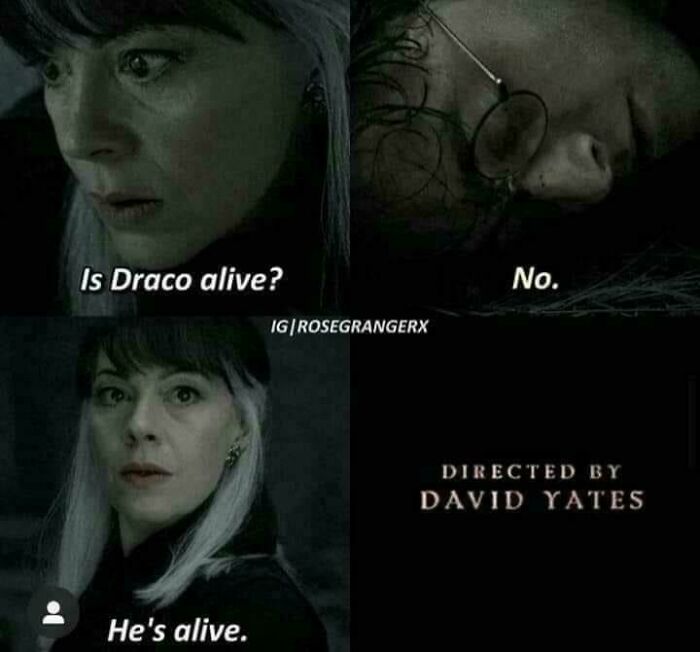 Dark Harry Potter meme showing characters debating if Draco is alive, fitting for Harry Potter memes in the Gryffindor common room.