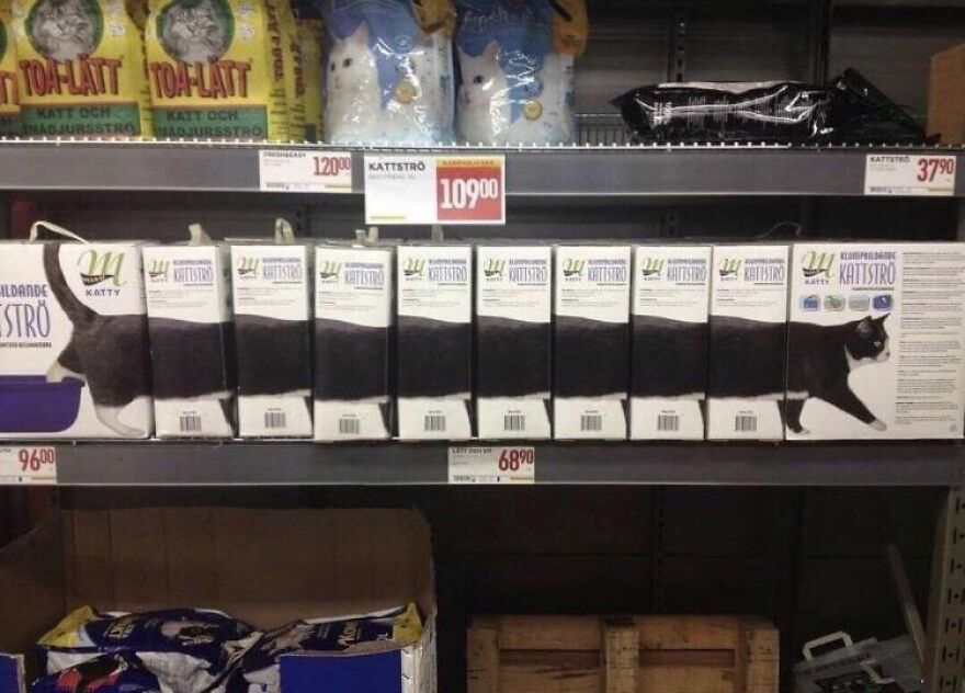 Cat food boxes arranged to form an image of a cat walking across the shelf in a clever visual display.