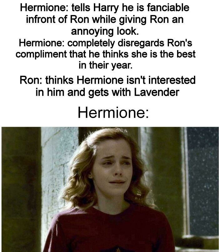 Hermione looking upset in a Harry Potter meme about complicated feelings in the Gryffindor common room.