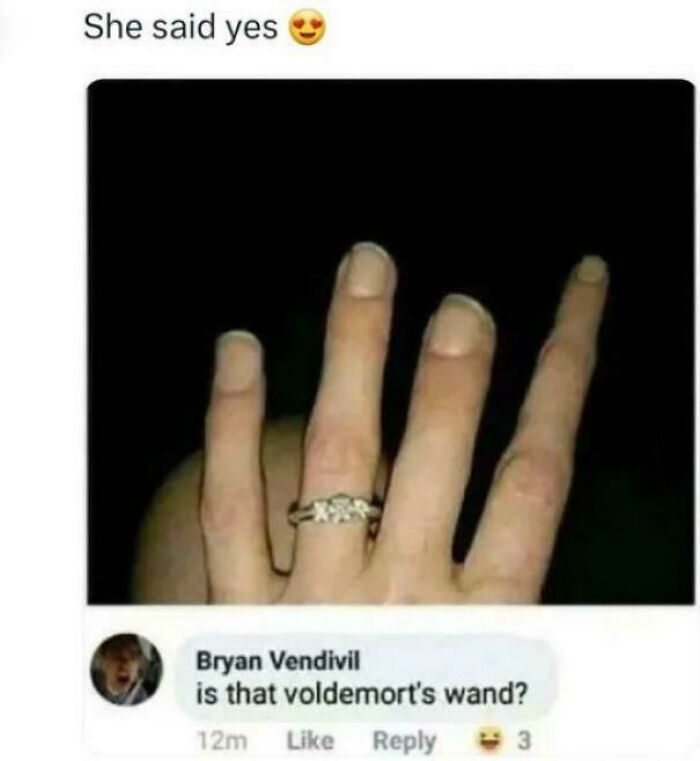 Hand with a ring resembling Voldemort’s wand, featuring a Harry Potter meme about magical engagement humor.