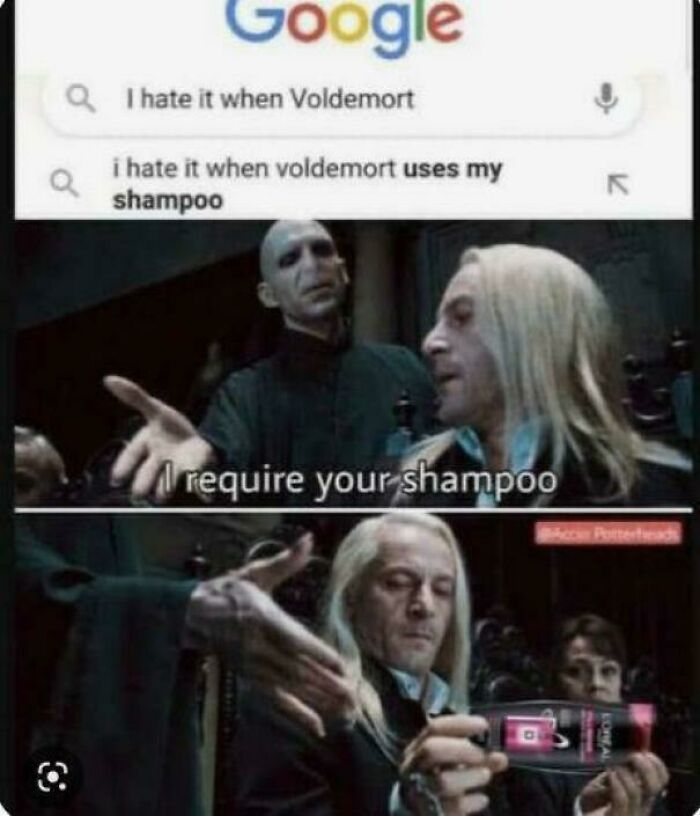Google search about Voldemort and Harry Potter meme showing Voldemort asking for shampoo in a funny scene.