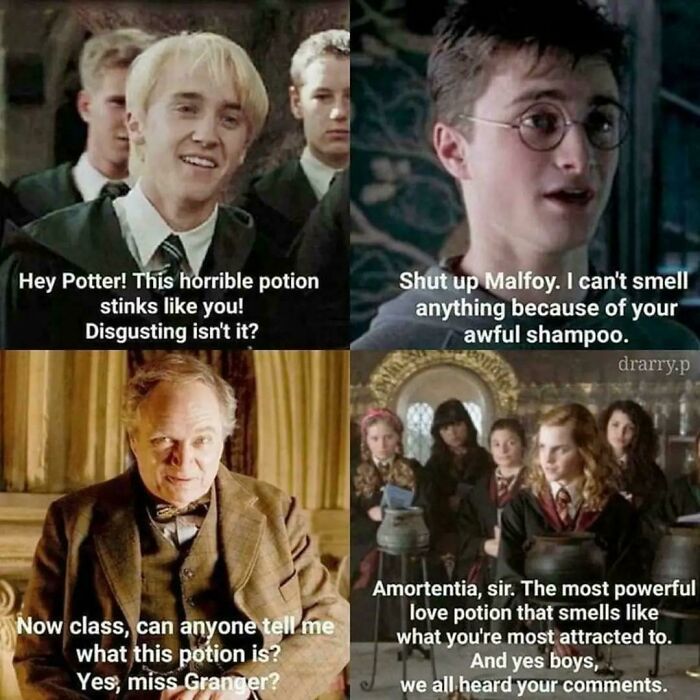 Four-panel Harry Potter meme featuring Draco Malfoy, Harry Potter, a professor, and students discussing a potion with humorous captions.