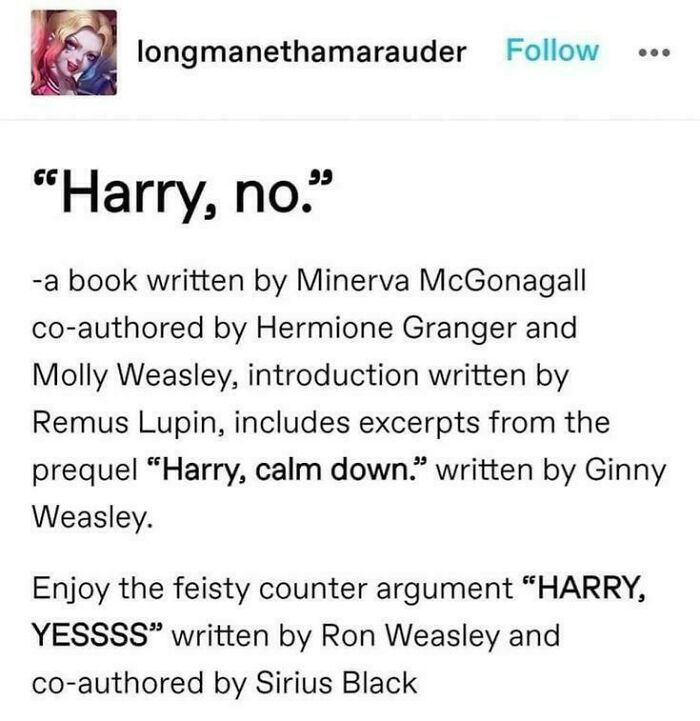 Funny Harry Potter meme text imagining a book by Hogwarts characters, perfect for Gryffindor common room humor.