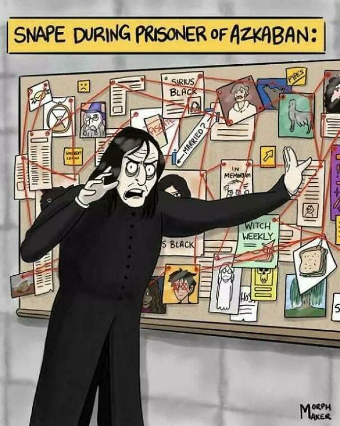 Severus Snape animated meme analyzing a conspiracy board during Prisoner of Azkaban in Harry Potter memes.