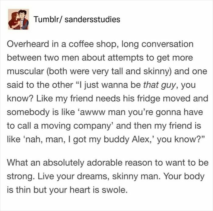 Text post from Tumblr about a funny conversation overheard in a coffee shop, featuring really dumb tweets to laugh at.
