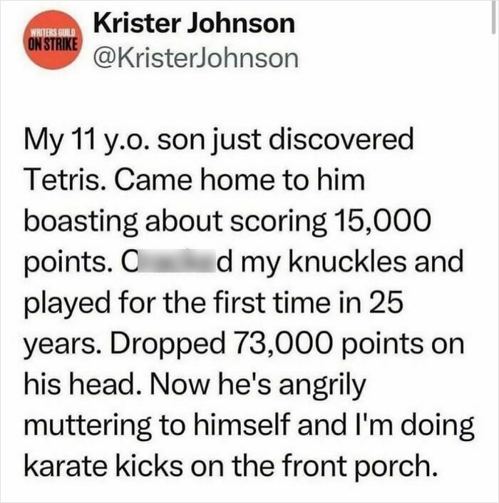 Tweet about a dad beating his son’s Tetris score, showcasing a really dumb tweet for laughter or disbelief.