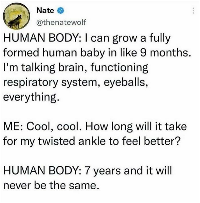 Tweet humor about the human body’s amazing growth contrasted with slow healing from injury in really dumb tweets.