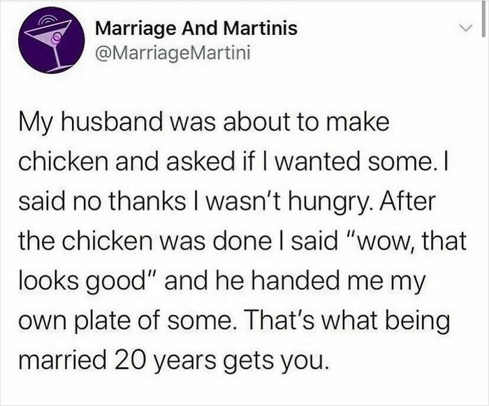 Tweet about marriage humor involving chicken and 20 years of marriage from a Twitter account called Marriage And Martinis.