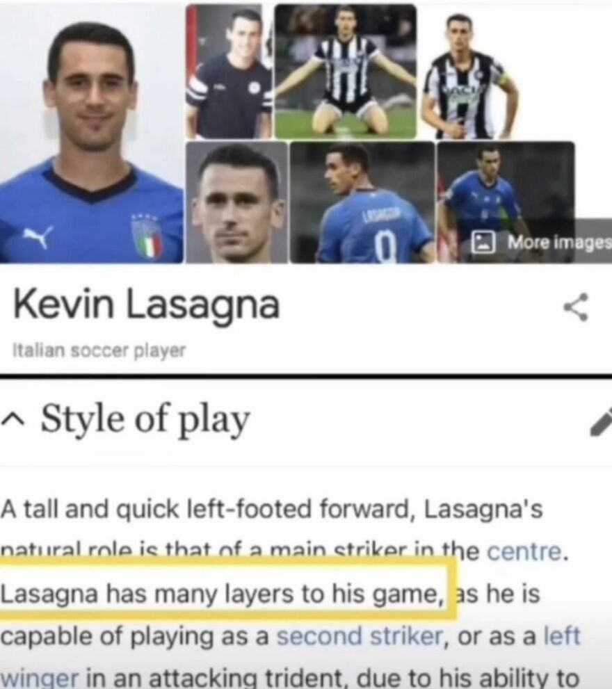 Screenshot of Kevin Lasagna profile highlighting the pun with his name related to layers in his playing style.