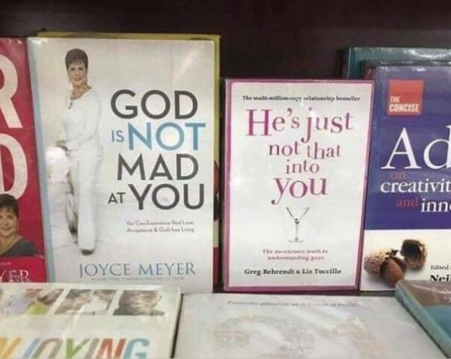 Books on a shelf with humorous titles, showing people knew exactly what they were doing and still went for it in life choices.