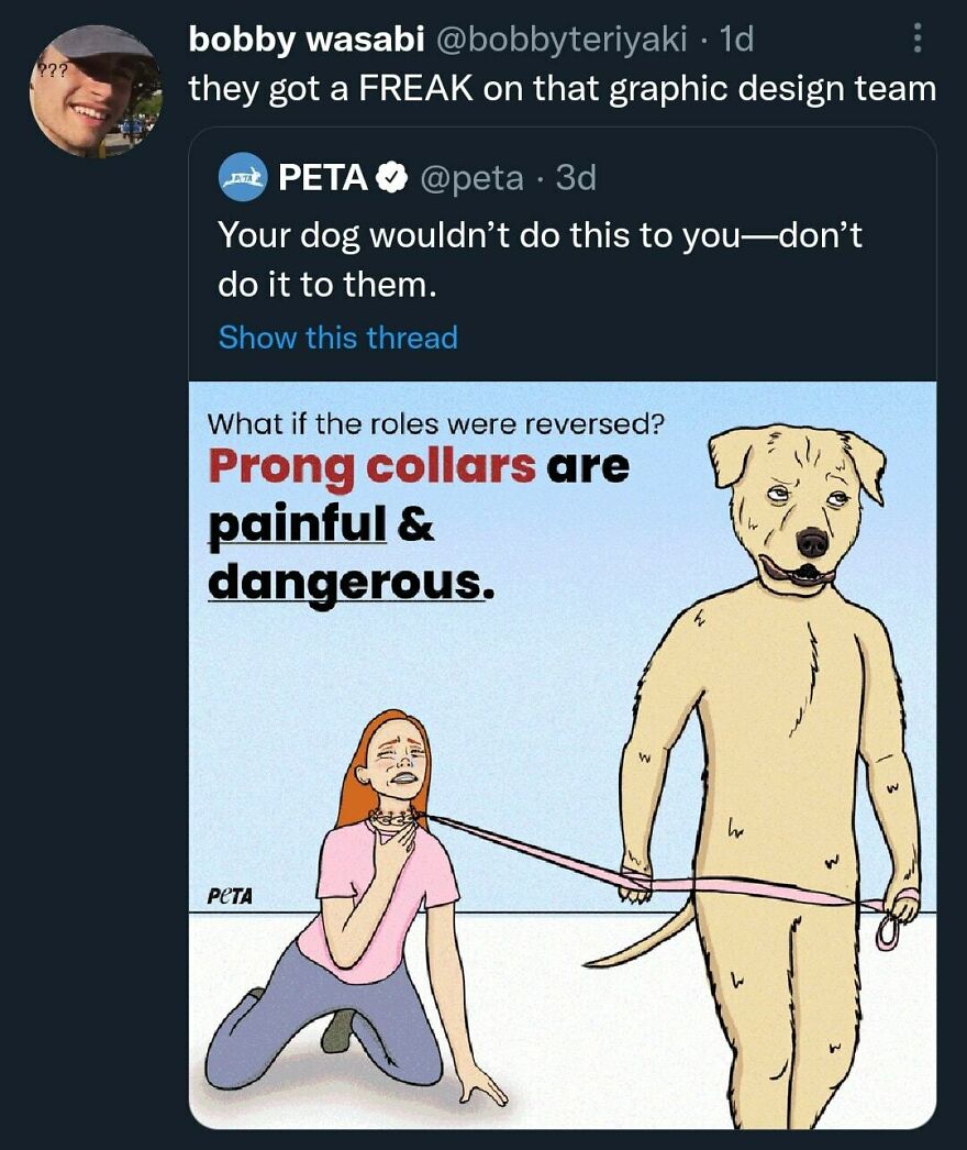 Tweet showing a PETA graphic with a dog holding a leash and a person kneeling, highlighting prong collars as painful and dangerous.