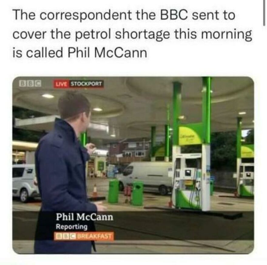 BBC correspondent reporting live at a petrol station during a fuel shortage showing empty pumps and no customers.