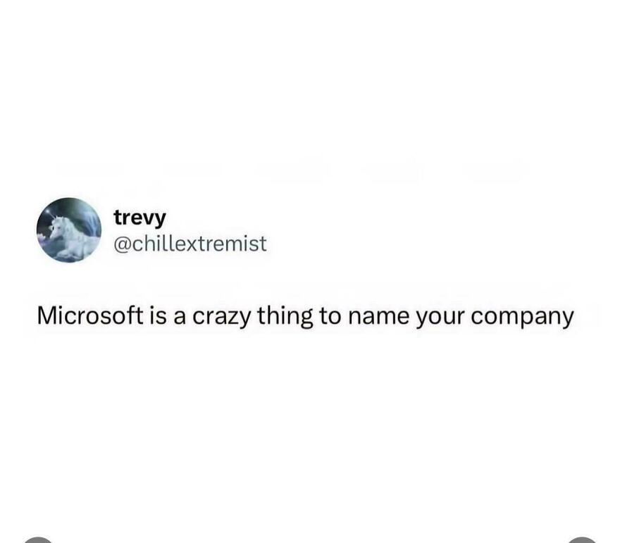 Tweet humorously calling Microsoft a crazy company name, showcasing people knowing exactly what they were doing and still went for it.