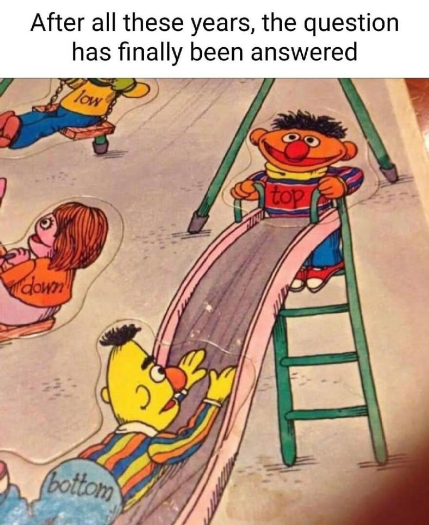 Illustration of Sesame Street characters on playground labeled with top, bottom, low, and down, showing people knowing exactly what they are doing.