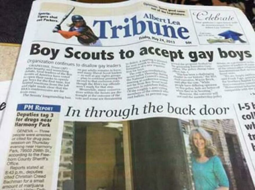 Newspaper headline showing Boy Scouts accepting gay boys, an example of people knowing what they were doing and still went for it.