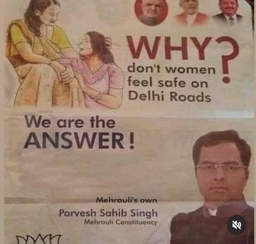 Political poster highlighting safety concerns for women on Delhi roads with a candidate offering an answer and solution.