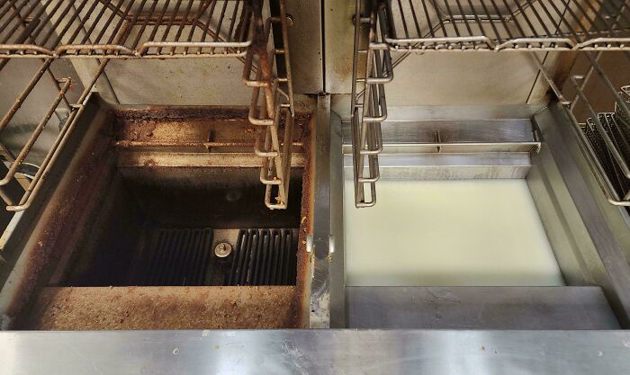 Before and after cleaning photo showing a heavily rusted and stained compartment transformed to a spotless and shiny condition.