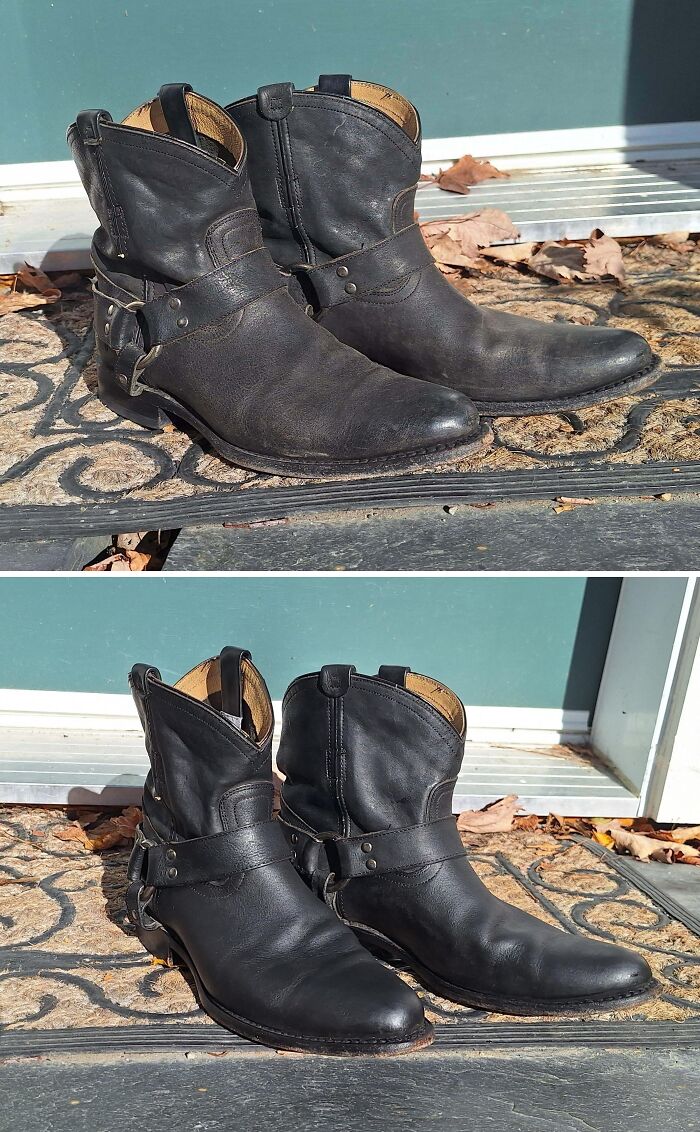 Before and after cleaning photos showing restored black leather boots with improved shine and condition outdoors.