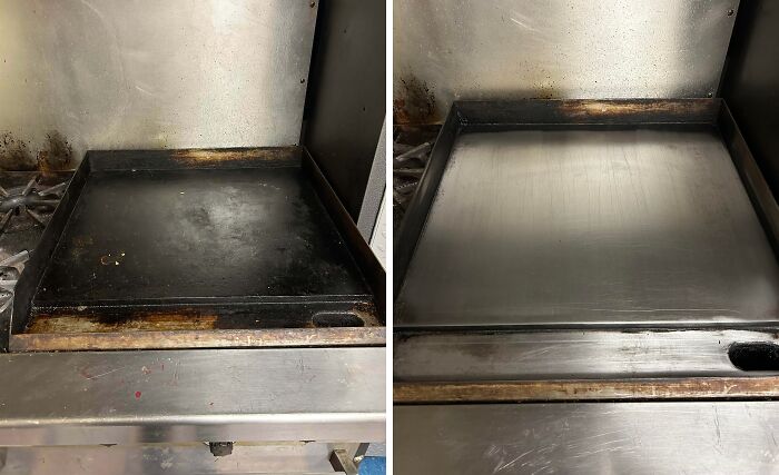 Before and after cleaning photos showing a greasy kitchen griddle transformed into a spotless stainless steel surface.