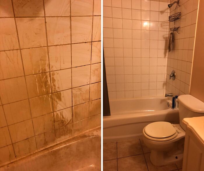 Before and after cleaning photos showing a bathtub and tiled shower wall transformed from dirty to spotless.