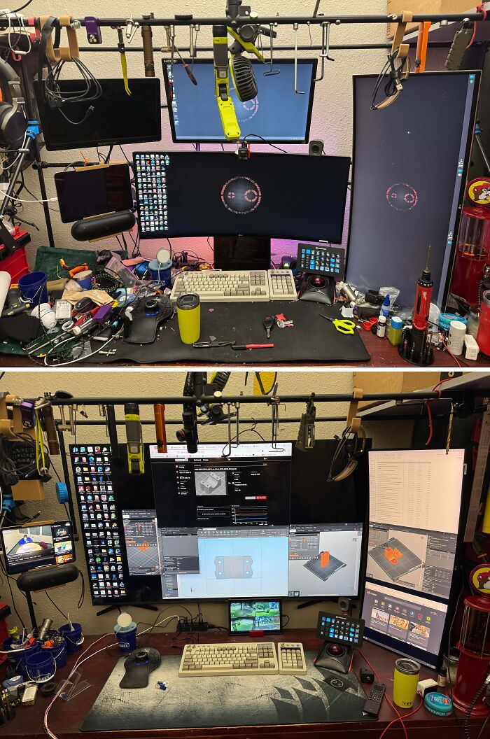 Before and after cleaning photos showing a cluttered desk transformed into a neat and organized computer workspace.