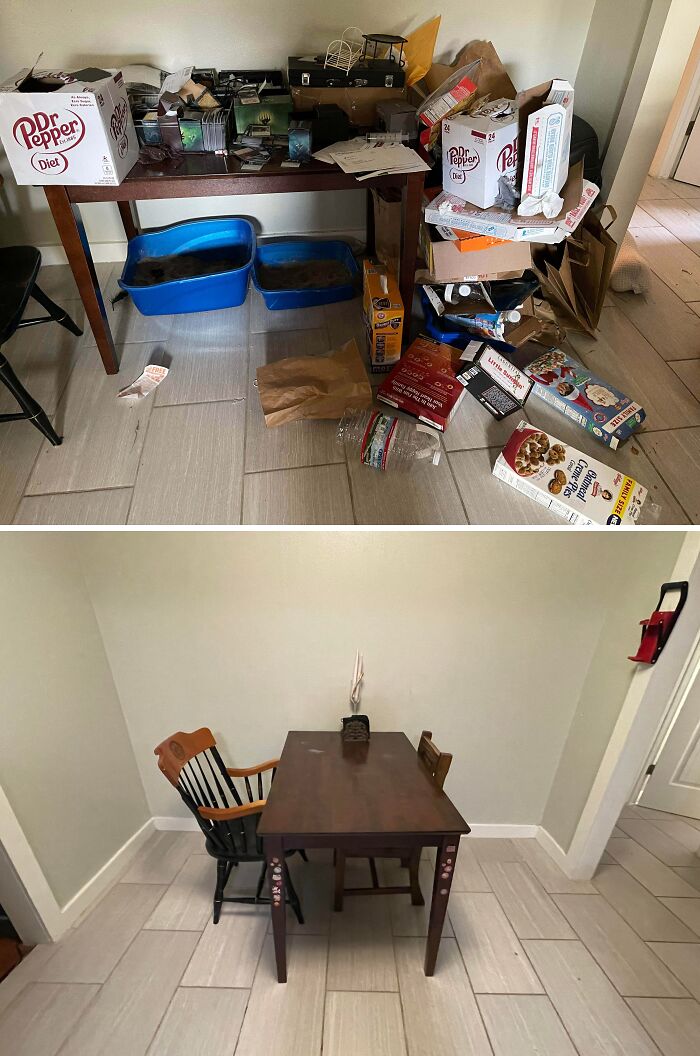 Before and after cleaning photos showing a cluttered and messy table transformed into a neat and tidy dining area.