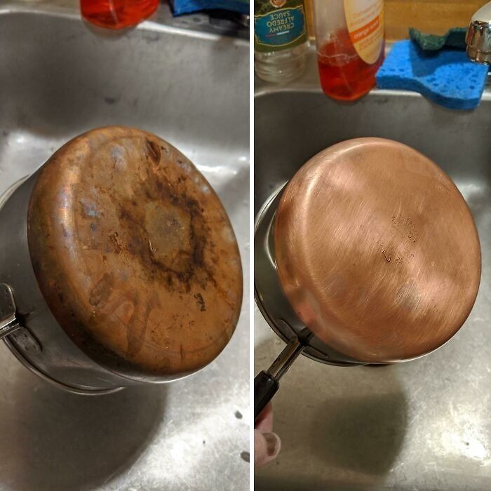 Before and after cleaning photos showing a copper pan restored to a shiny, polished state in a kitchen sink.