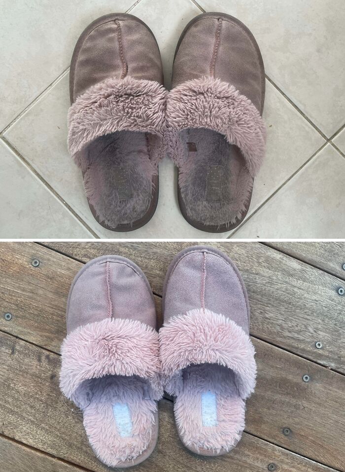 Before and after cleaning slippers showing significant restoration of soft pink and brown colors on tile and wood floors.