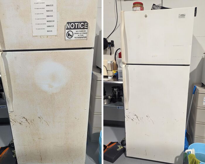 Before and after cleaning photos showing a heavily stained refrigerator transformed to a much cleaner state.