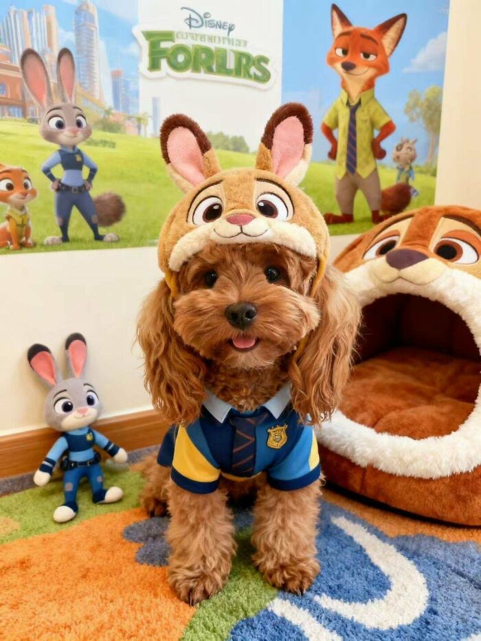 Small dog dressed in a happy animal costume with a bunny hat, sitting on a colorful carpet in a playful room.
