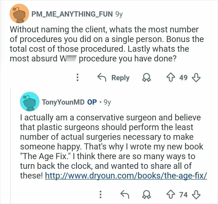 Reddit thread showing a plastic surgeon discussing conservative cosmetic work and minimal surgeries for patient happiness.