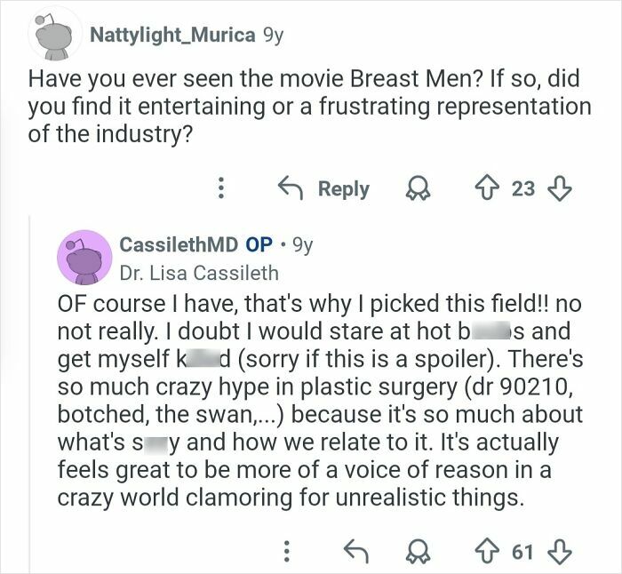 Reddit conversation with a plastic surgeon discussing hype and perceptions in cosmetic work and plastic surgery industry.