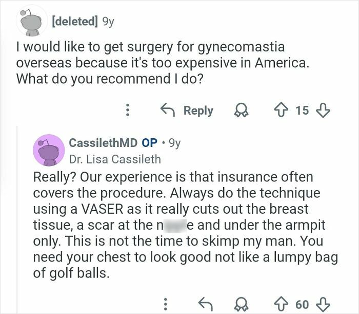 Reddit user asks about affordable gynecomastia surgery overseas, plastic surgeon shares honest cosmetic work advice.