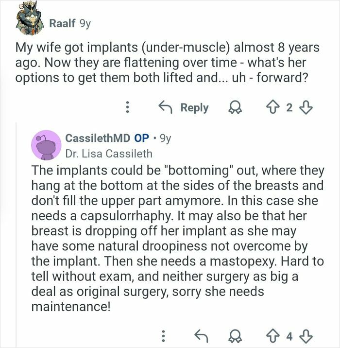 Comment thread discussing breast implant issues and maintenance advice from a plastic surgeon about cosmetic work.