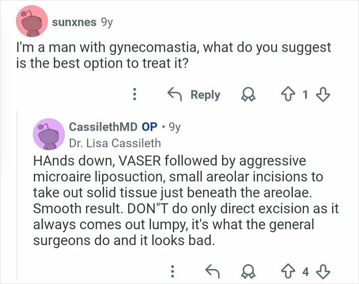 Reddit discussion on gynecomastia treatment featuring plastic surgeon advice on liposuction and cosmetic work options.