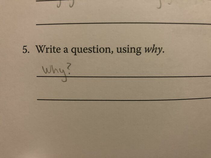 Handwritten answer saying why in response to a task, showcasing unhinged pics of people doing exactly what they were asked.