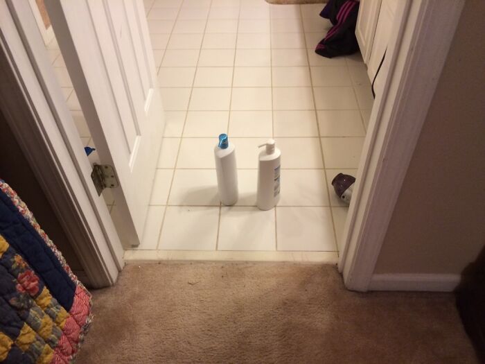Two bottles placed in a doorway as a barrier, illustrating unhinged pics of people doing exactly what they were asked to do.