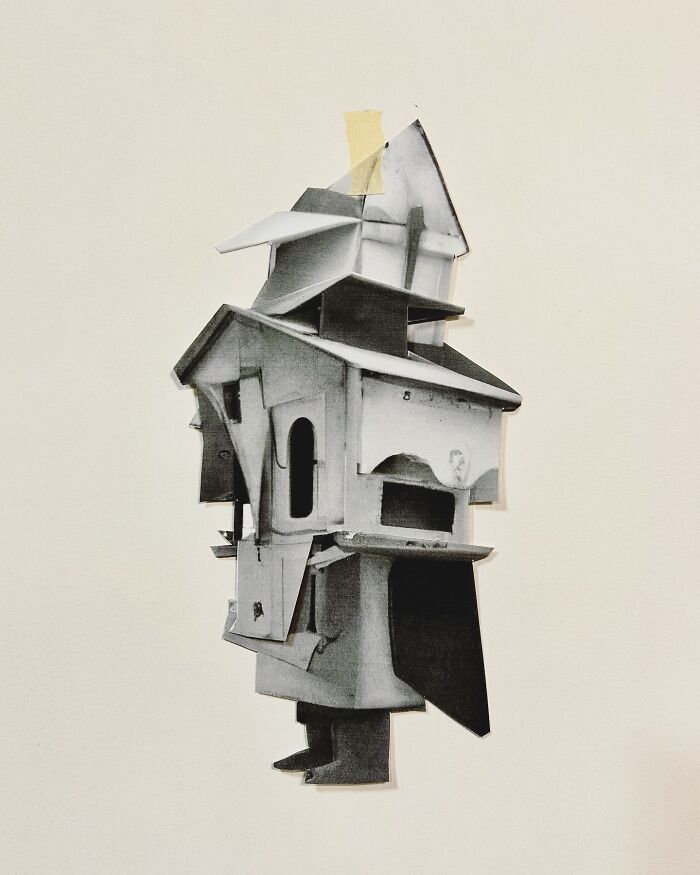 Surreal collage of a walking building with layered architectural elements and geometric shapes in black and white.