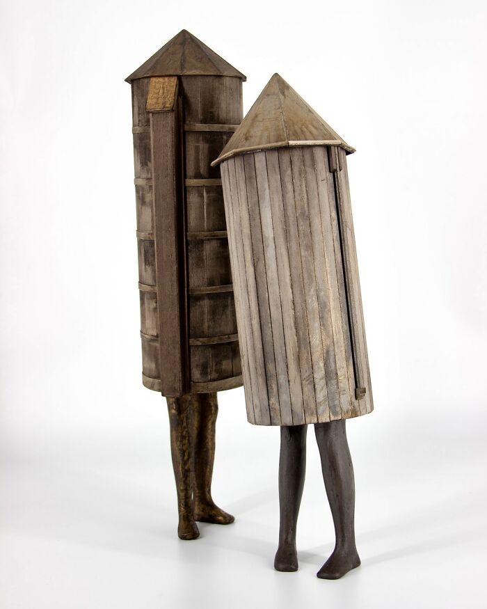 Surreal collage of walking buildings with human legs, blending architectural elements and motion in an artistic display.