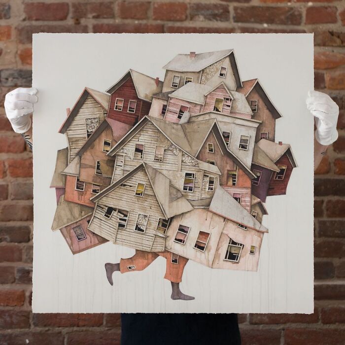 Collage artwork of walking buildings with human legs, illustrating surreal buildings that seem to walk and collapse.