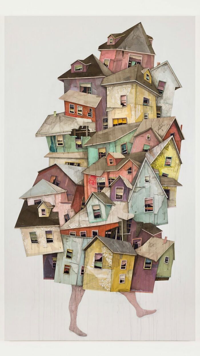 Surreal collage of colorful walking buildings with legs, depicting collapsing and moving architectural structures.