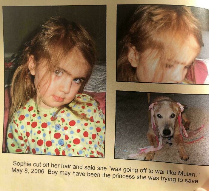 Young girl with a tragic haircut in a colorful polka dot shirt, showcasing a hilariously tragic hair accident moment.