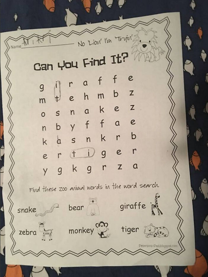 Word search puzzle showing zoo animals, with the words giraffe and tiger humorously highlighted for unhinged pics keyword.